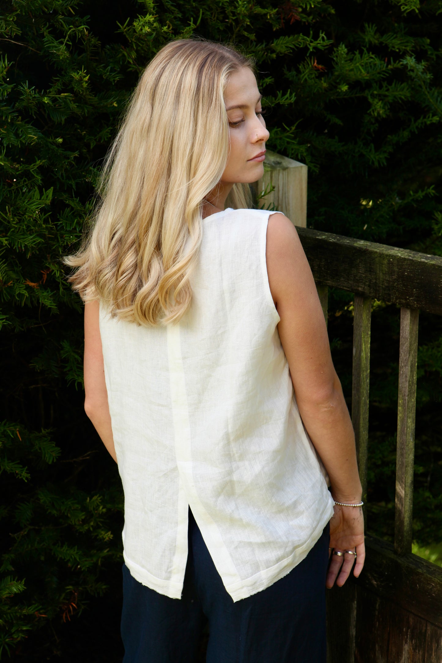 Dear Prudence Aimie Back Detail Top in European flax linen with split-back design and selvage hem detail.