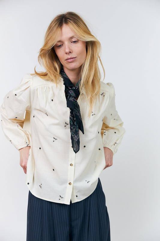 Lollys Laundry Alessandra Shirt in cream with delicate embroidered floral motifs and gold button detailing