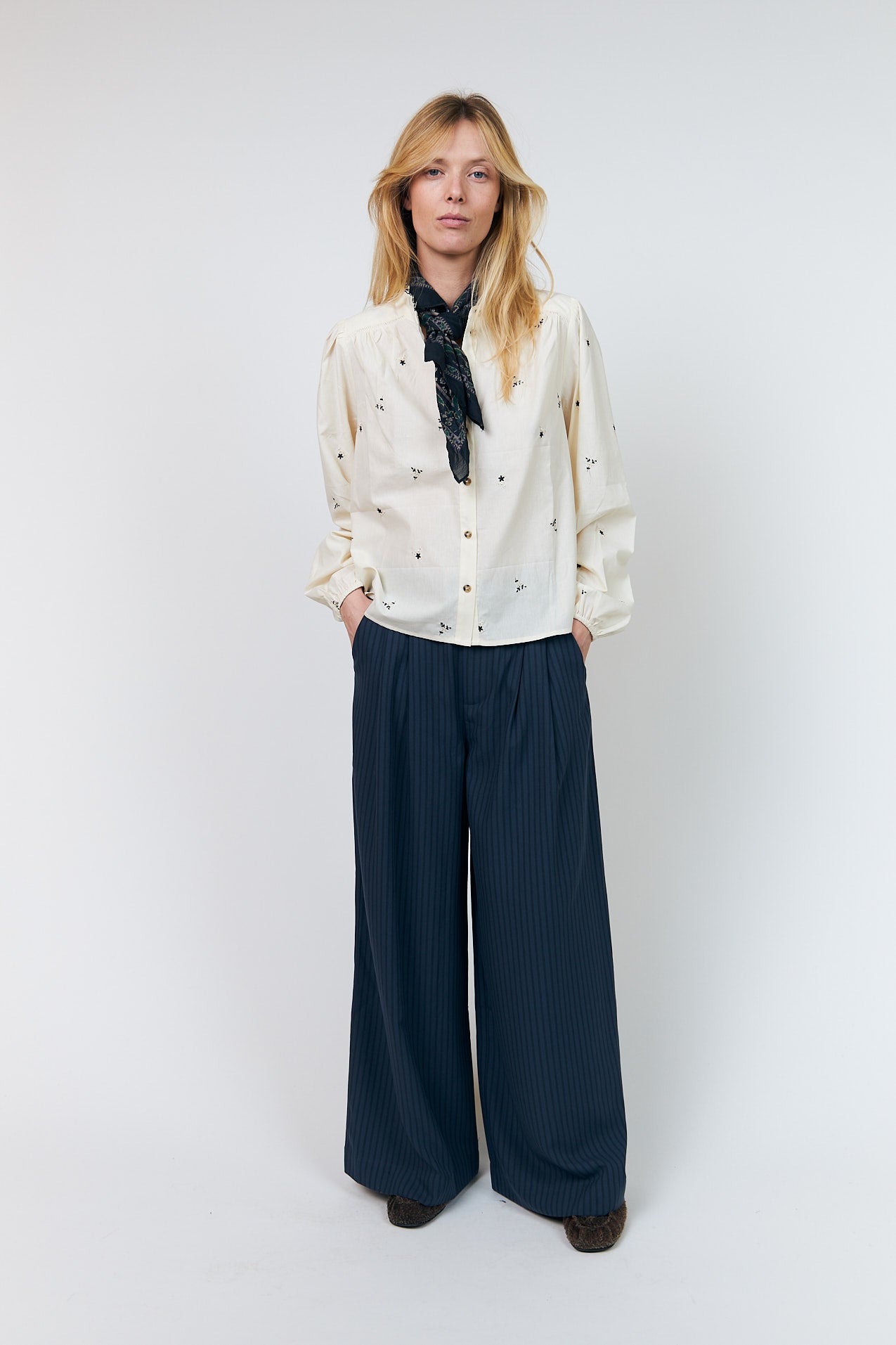 Lollys Laundry Alessandra Shirt in cream with delicate embroidered floral motifs and gold button detailing