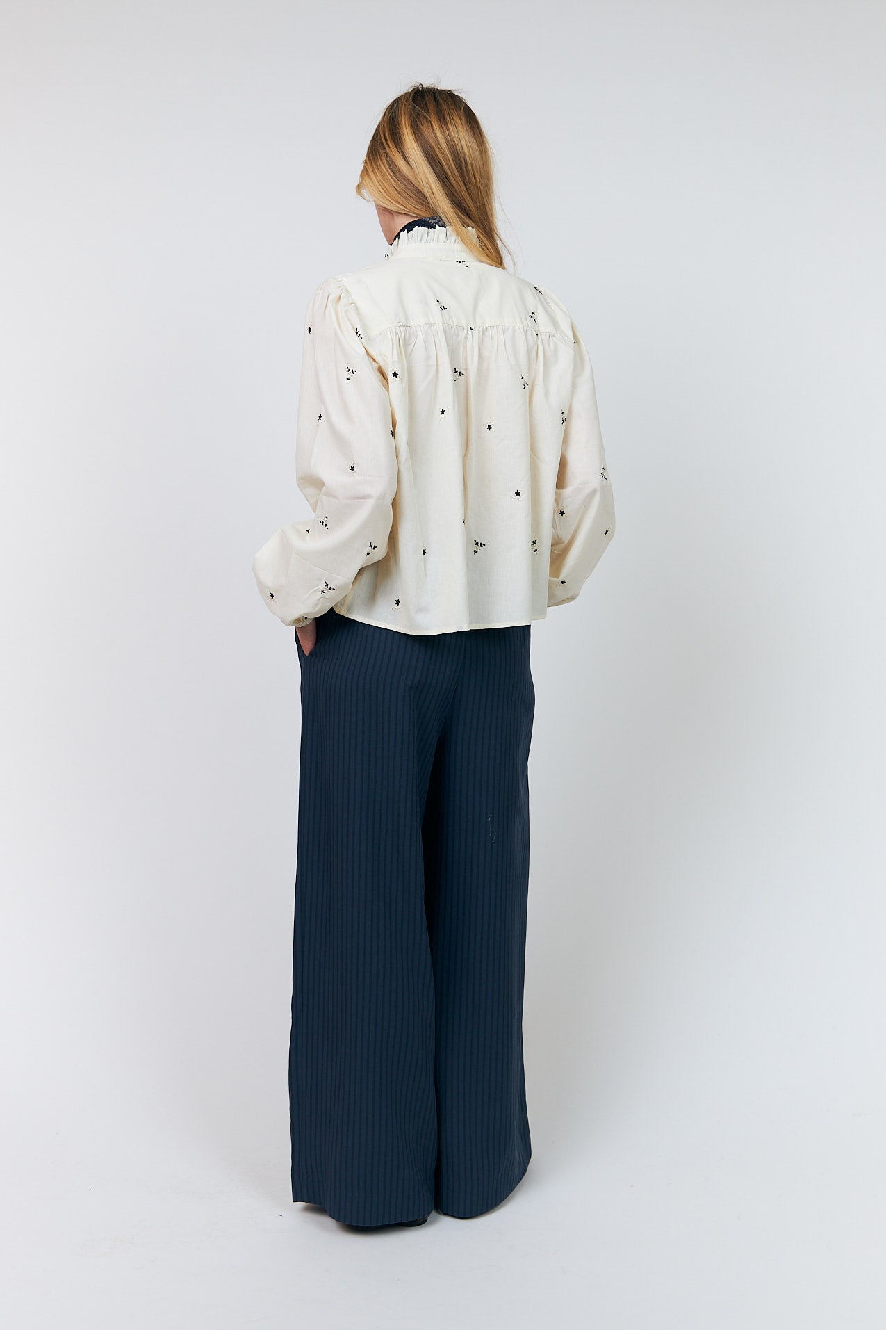 Lollys Laundry Alessandra Shirt in cream with delicate embroidered floral motifs and gold button detailing