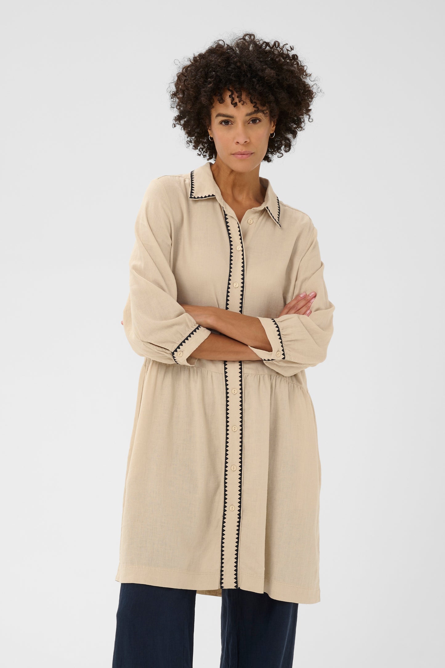 Part Two Alivia Linen Beige dress with black trim 