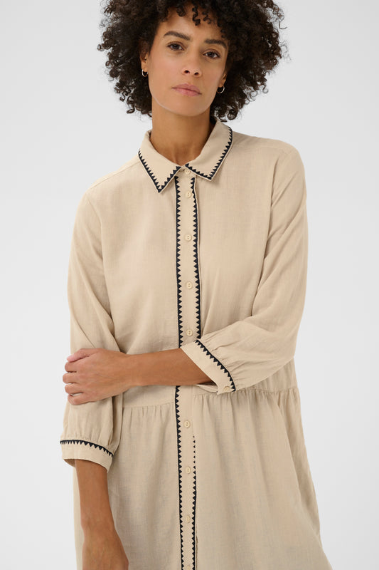 Part Two Alivia Linen Beige dress with black trim 