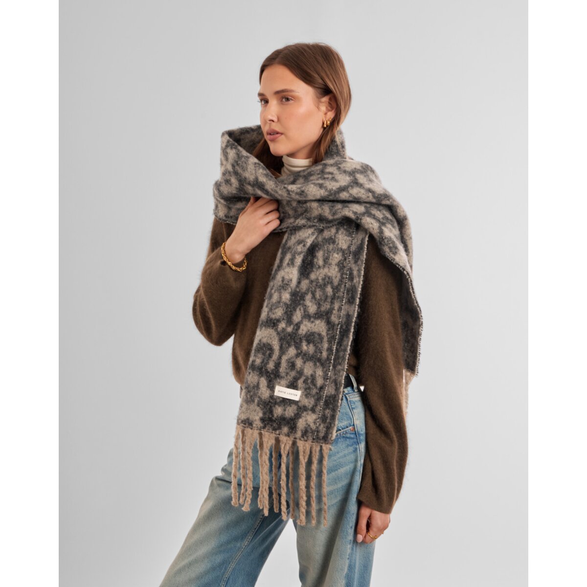 Katie Loxton Recycled Tassel Scarf in Taupe and Chocolate Animal Print