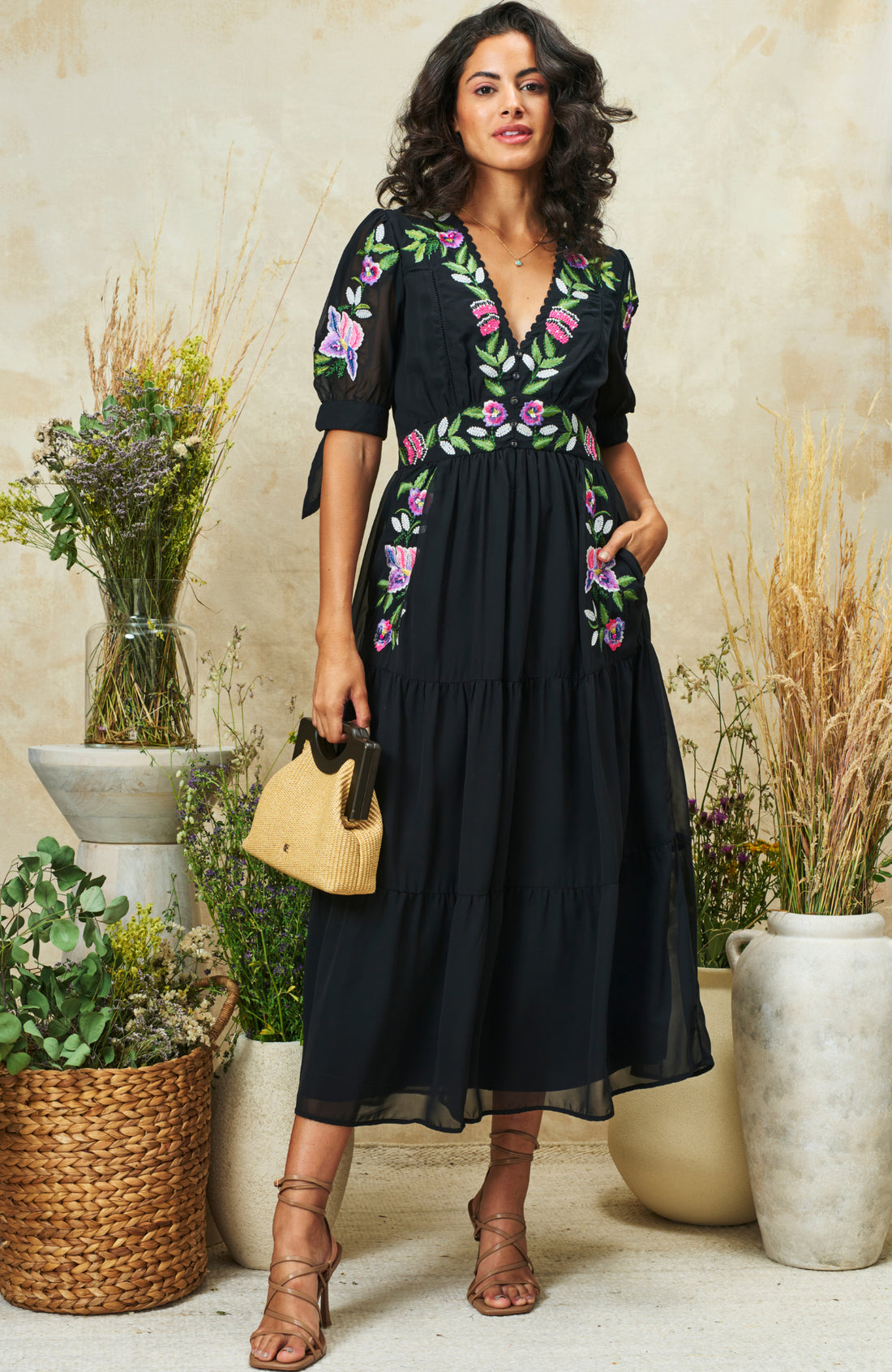 Hope & Ivy April Black Embroidered V-Neck Midi Dress  with tie sleeves