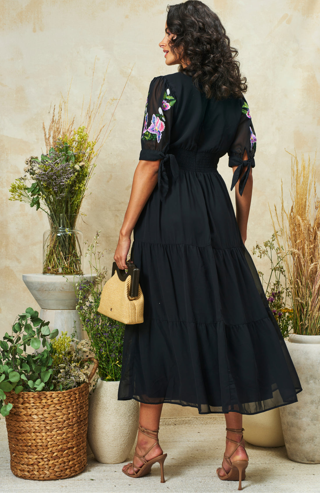 Hope & Ivy April Black Embroidered V-Neck Midi Dress  with tie sleeves