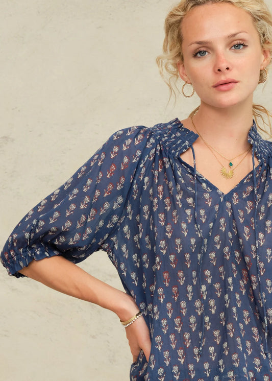 Indigo M.A.B.E Ari short sleeved blouse in indigo colour with white pattern on it
