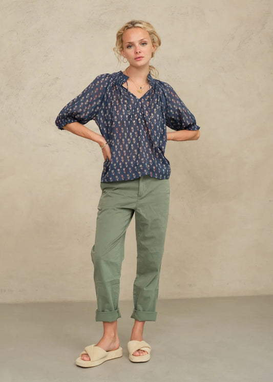 Indigo M.A.B.E Ari short sleeved blouse in indigo colour with white pattern on it