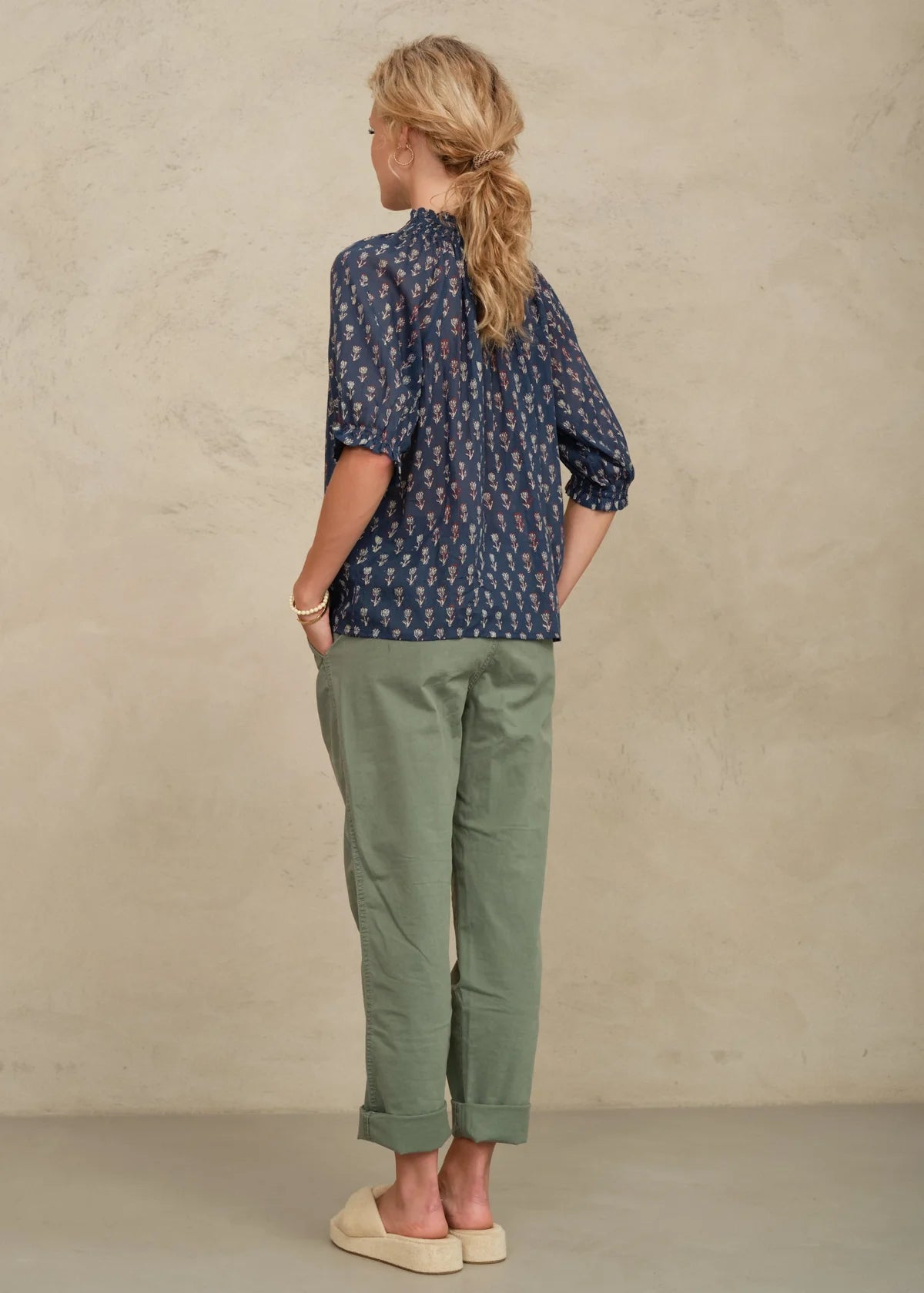 Indigo M.A.B.E Ari short sleeved blouse in indigo colour with white pattern on it