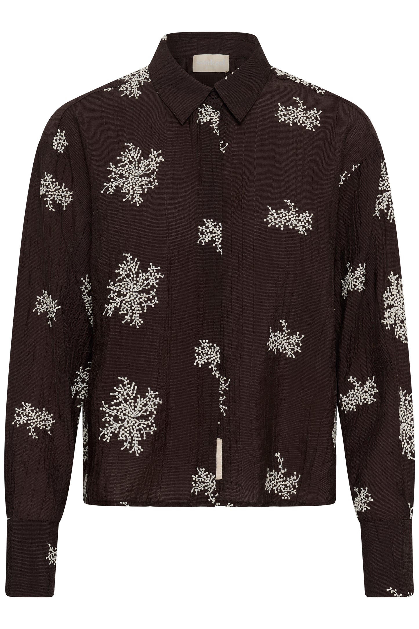 Soaked in Luxury Azalea Shirt in Ganache deep plum purple with cream botanical print and textured fabric
