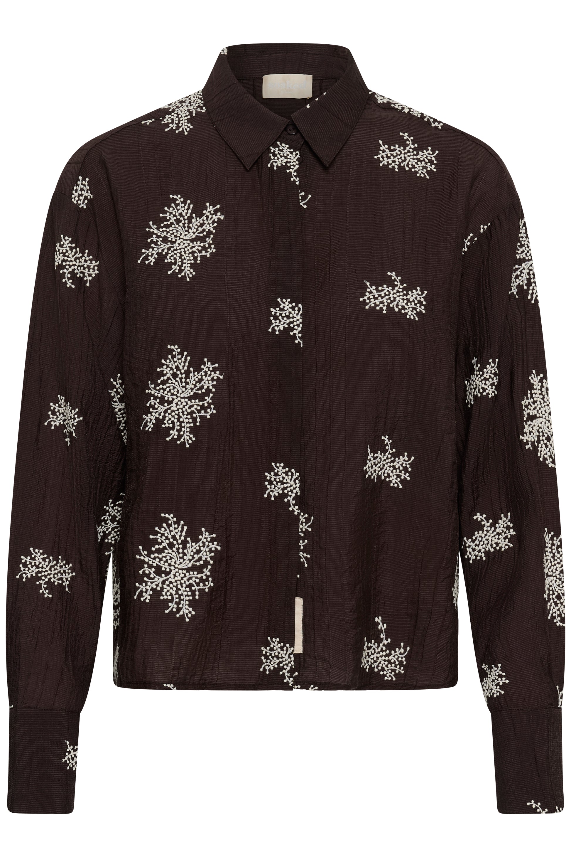 Soaked in Luxury Azalea Shirt in Ganache deep plum purple with cream botanical print and textured fabric