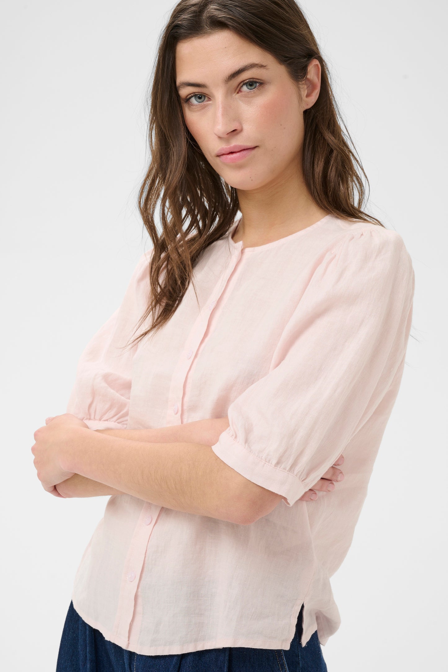 Part Two Azra 3/4 length sleeved linen blouse in mauve chalk colour