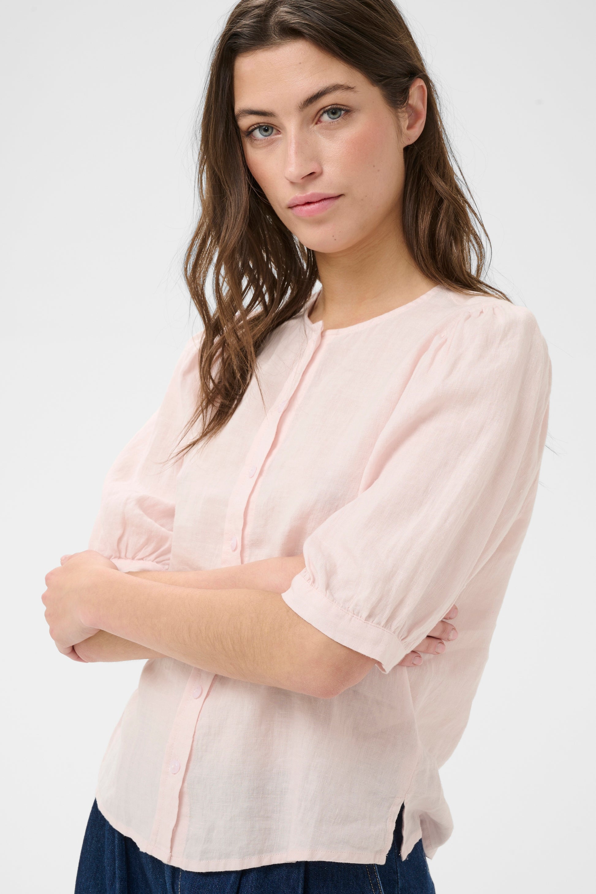 Part Two Azra 3/4 length sleeved linen blouse in mauve chalk colour
