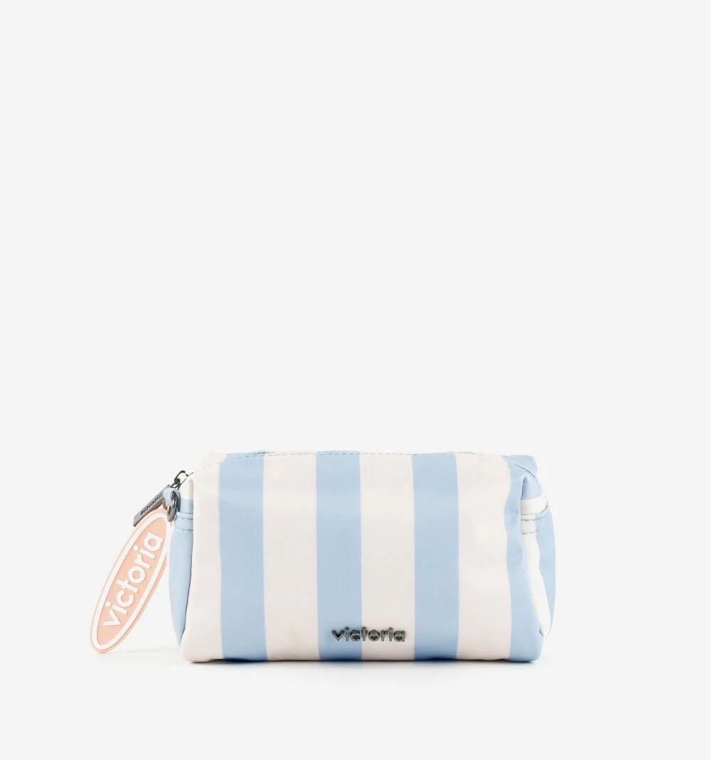 Victoria striped toiletry bag with zip fastening hanging charm and metallic brand plate in azul or amarillo