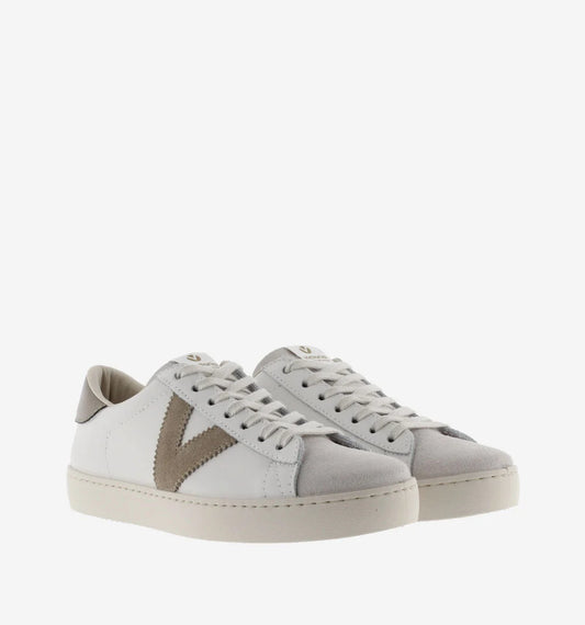 Victoria Shoes Berlin leather and suede trainers in beige with suede toe cap and lightly toasted sole