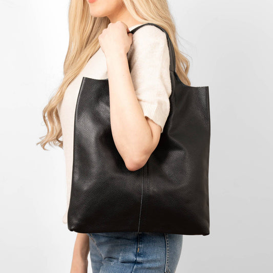 Italian Leather  Black Pebbled Tote Bag - Default Title