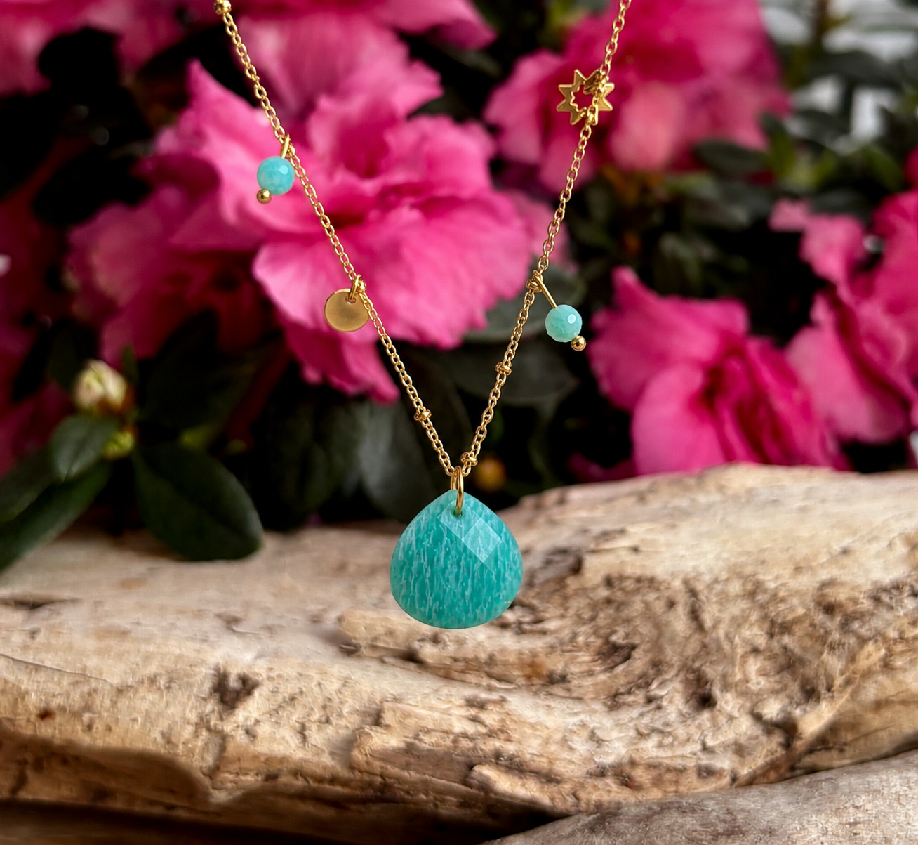 Ocean Ripples 18ct Gold Plated Amazonite Natural Stone Pendant Necklace