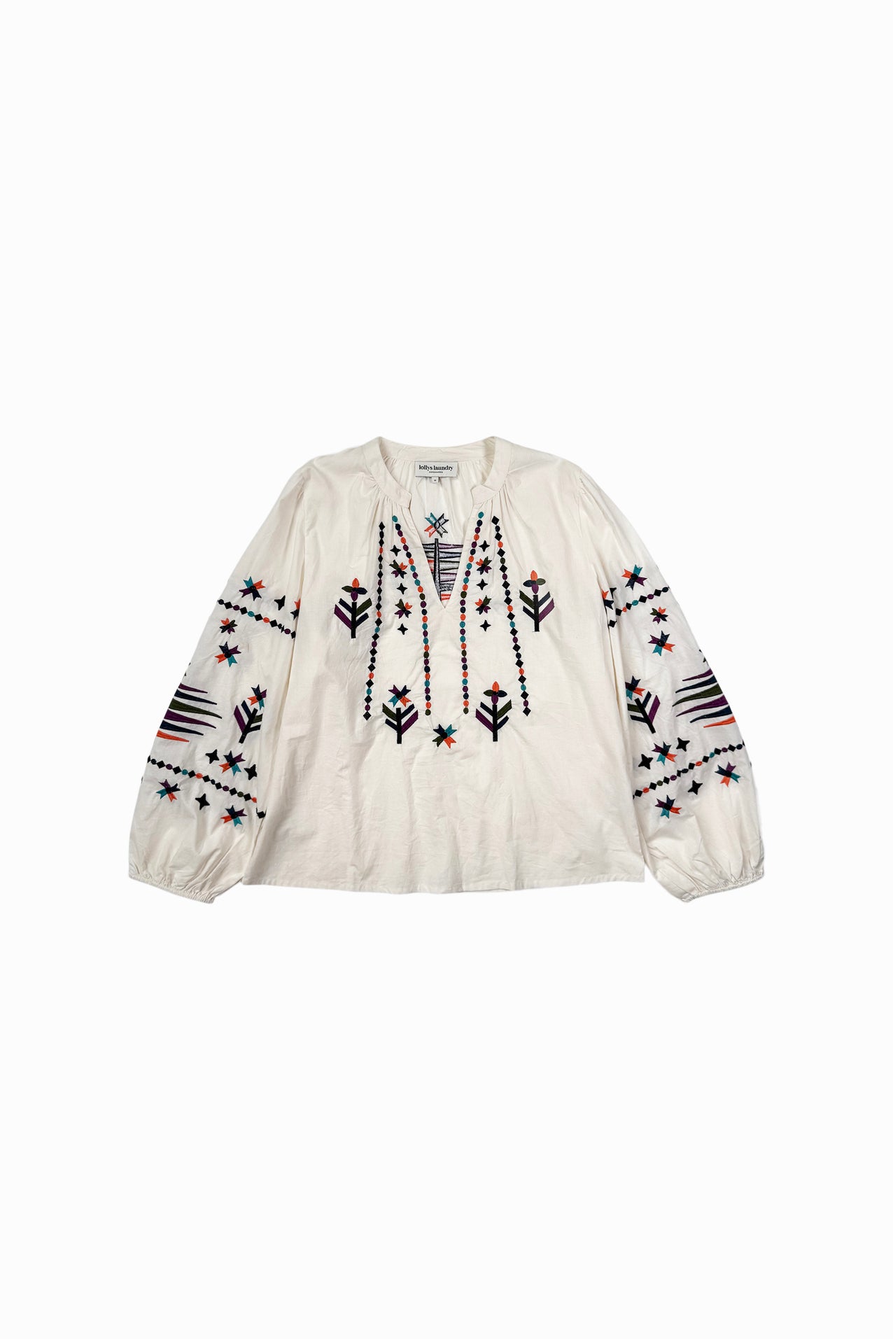 Lollys Laundry Bonnie white cotton shirt with embroidered pattern and tie neckline