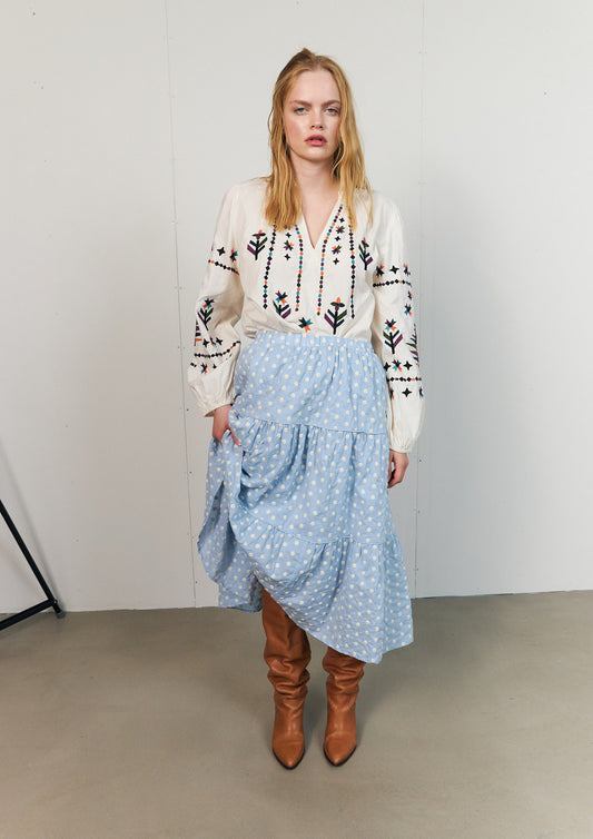 Lollys Laundry Bonnie white cotton shirt with embroidered pattern and tie neckline