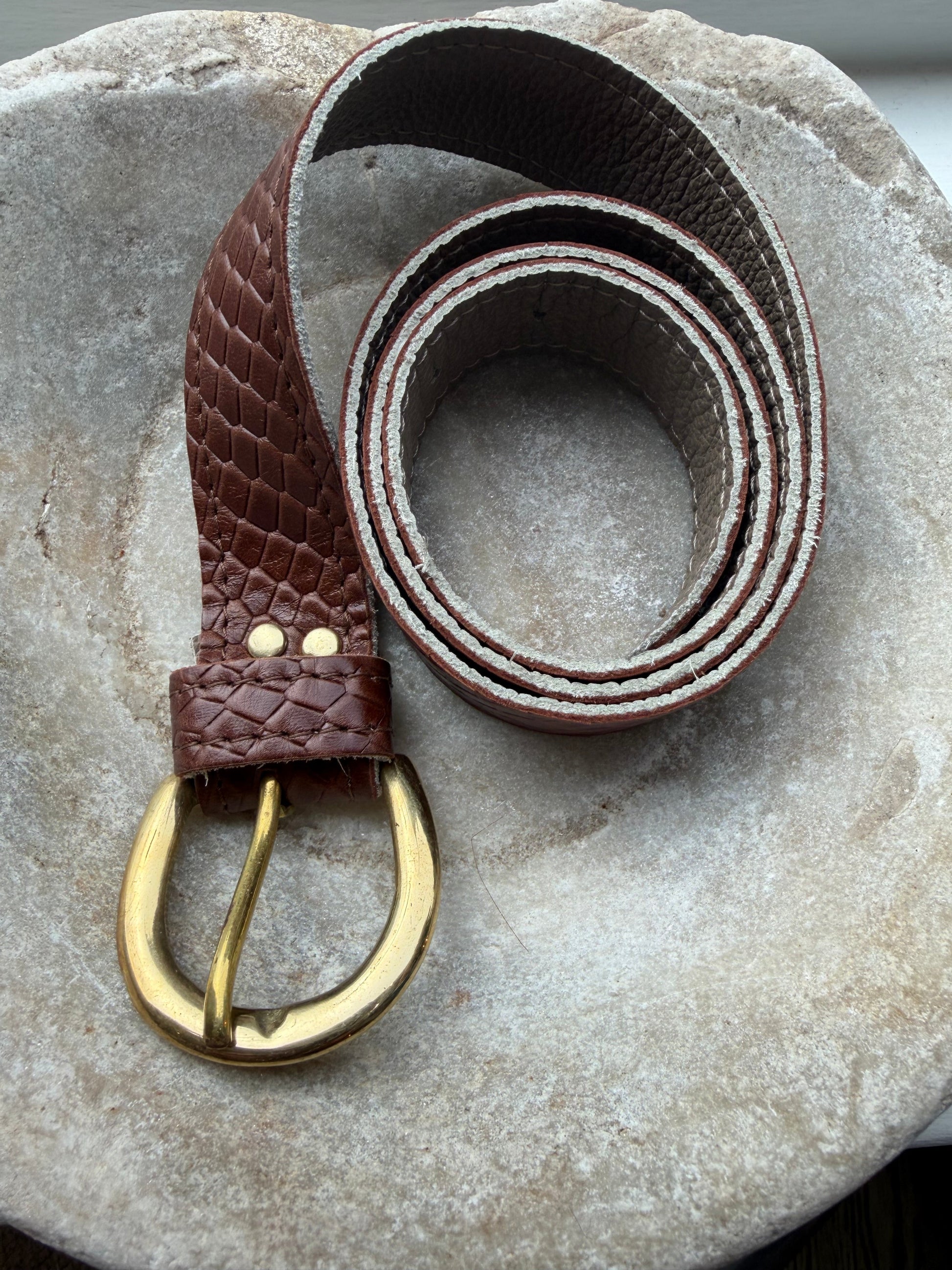 Brown snake print leather belt with gold buckle