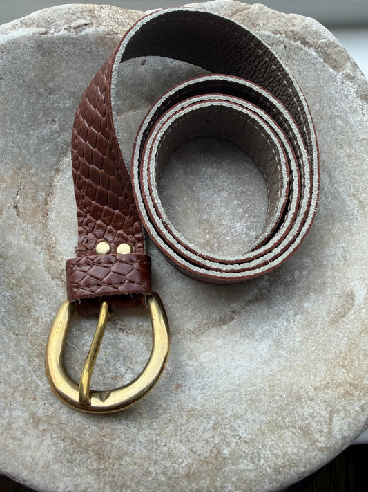 Brown snake print leather belt with gold buckle