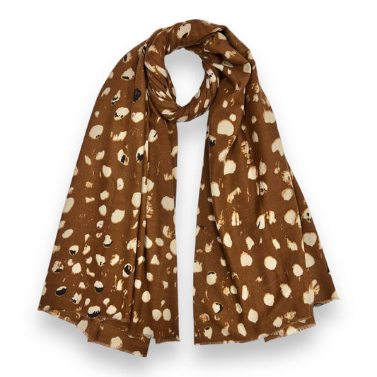 Brown scarf with beige abstract pattern on a white background