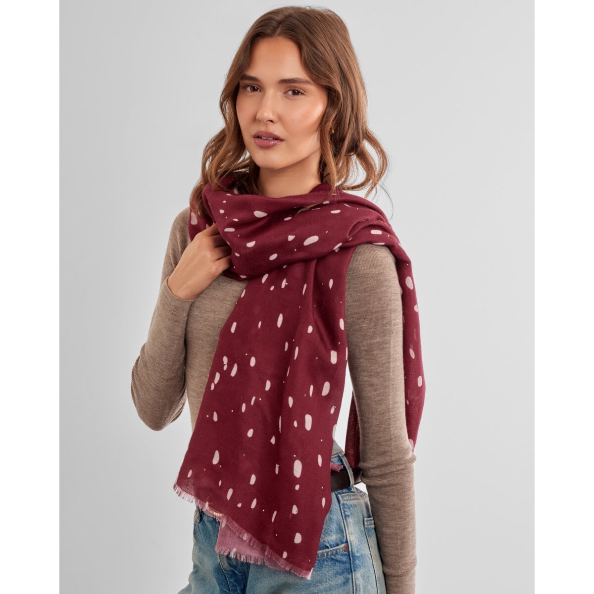 Katie Loxton Printed Studded Scarf in Burgundy and White