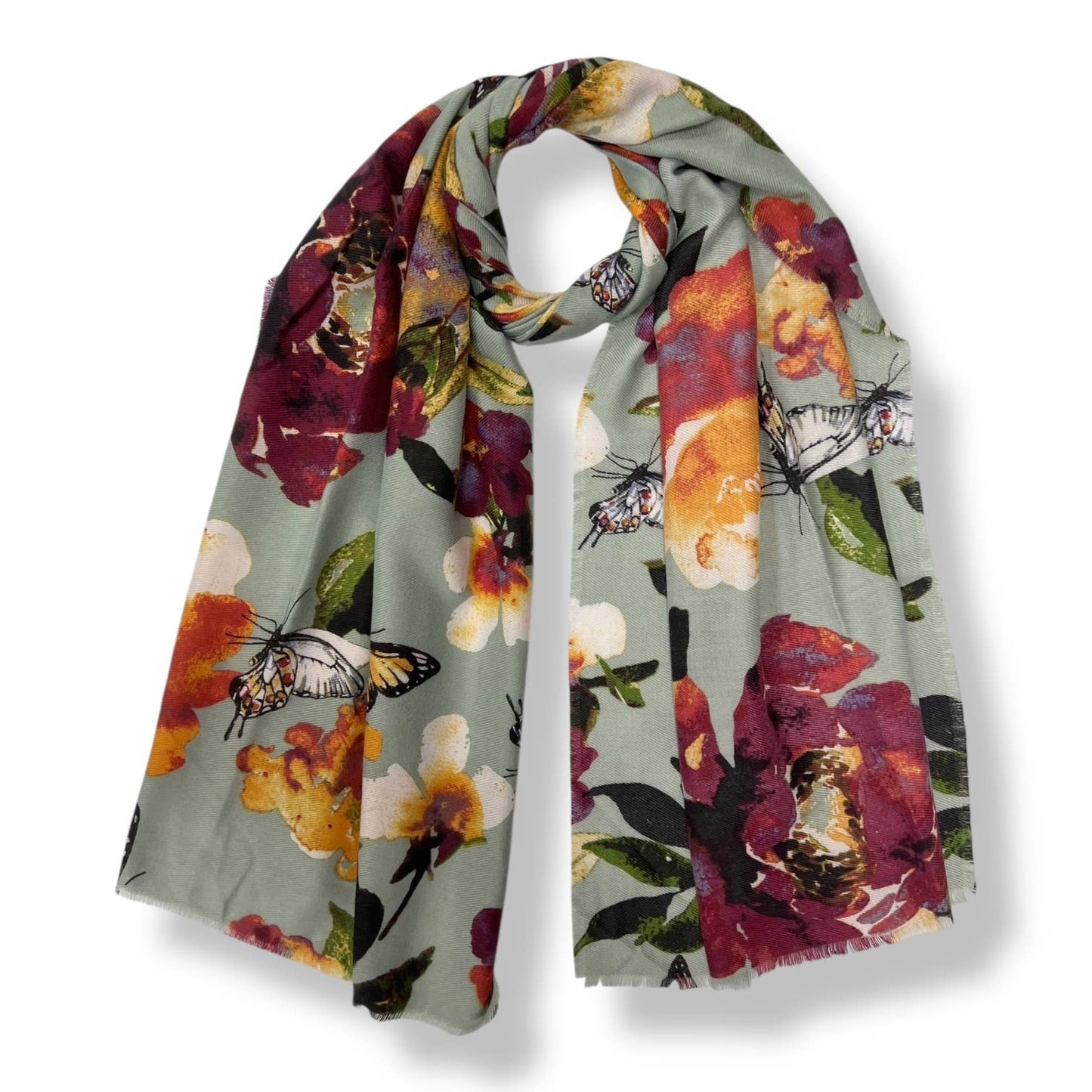 Colorful scarf with floral and butterfly design on a white background