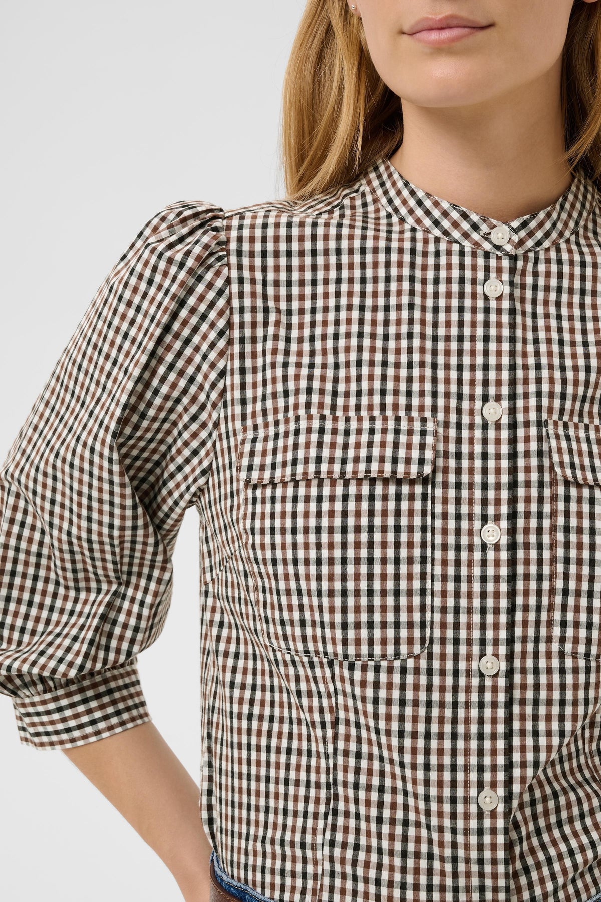 Part Two Chinette checkered shirt in downton brown check and blue jeans on a white background