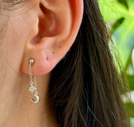 Sterling Silver Star & Moon Dangle Earrings – Celestial Cubic Zirconia - Default Title