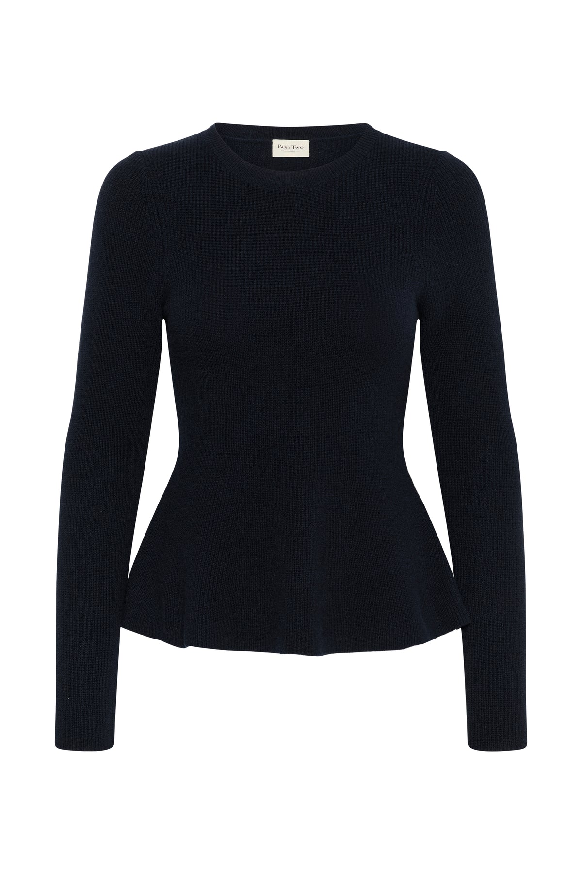 Part Two Carina Pullover in Dark Navy fitted knit jumper with flattering peplum hem