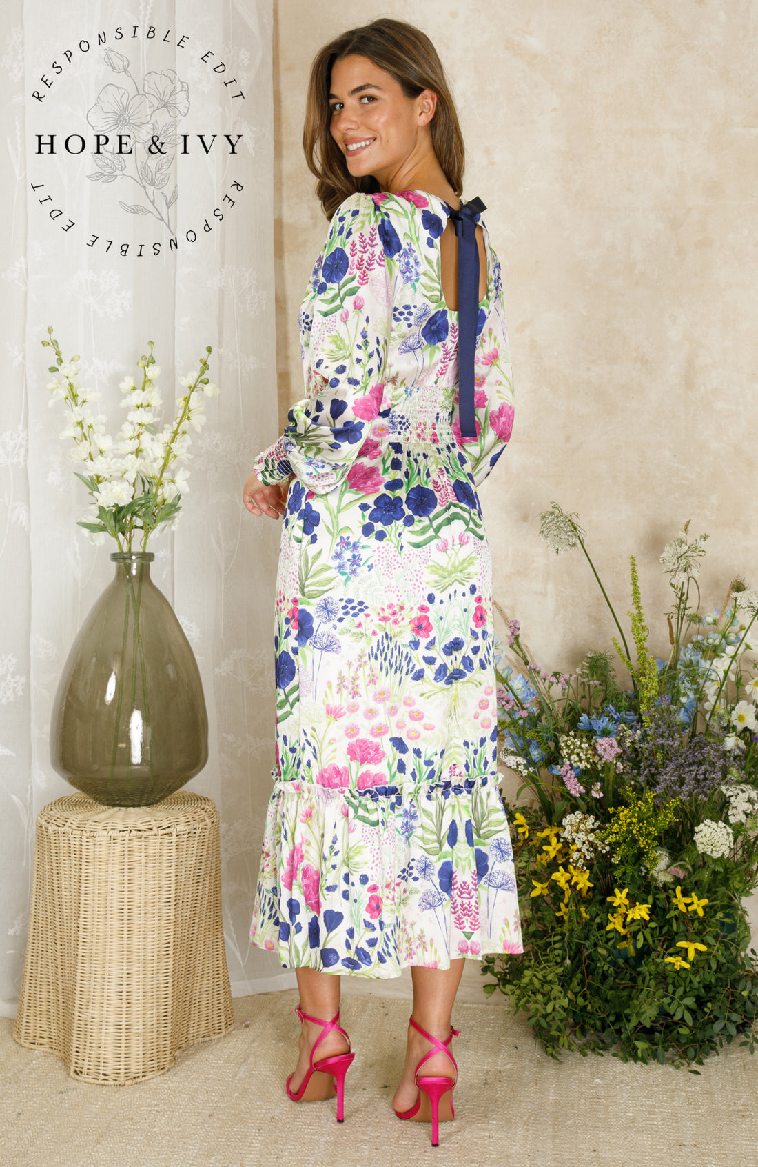 Hope & Ivy Caroline Maxi Dress tie bow back white satin floral