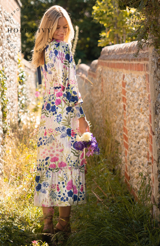 Hope & Ivy Caroline Maxi Dress tie bow back white satin floral
