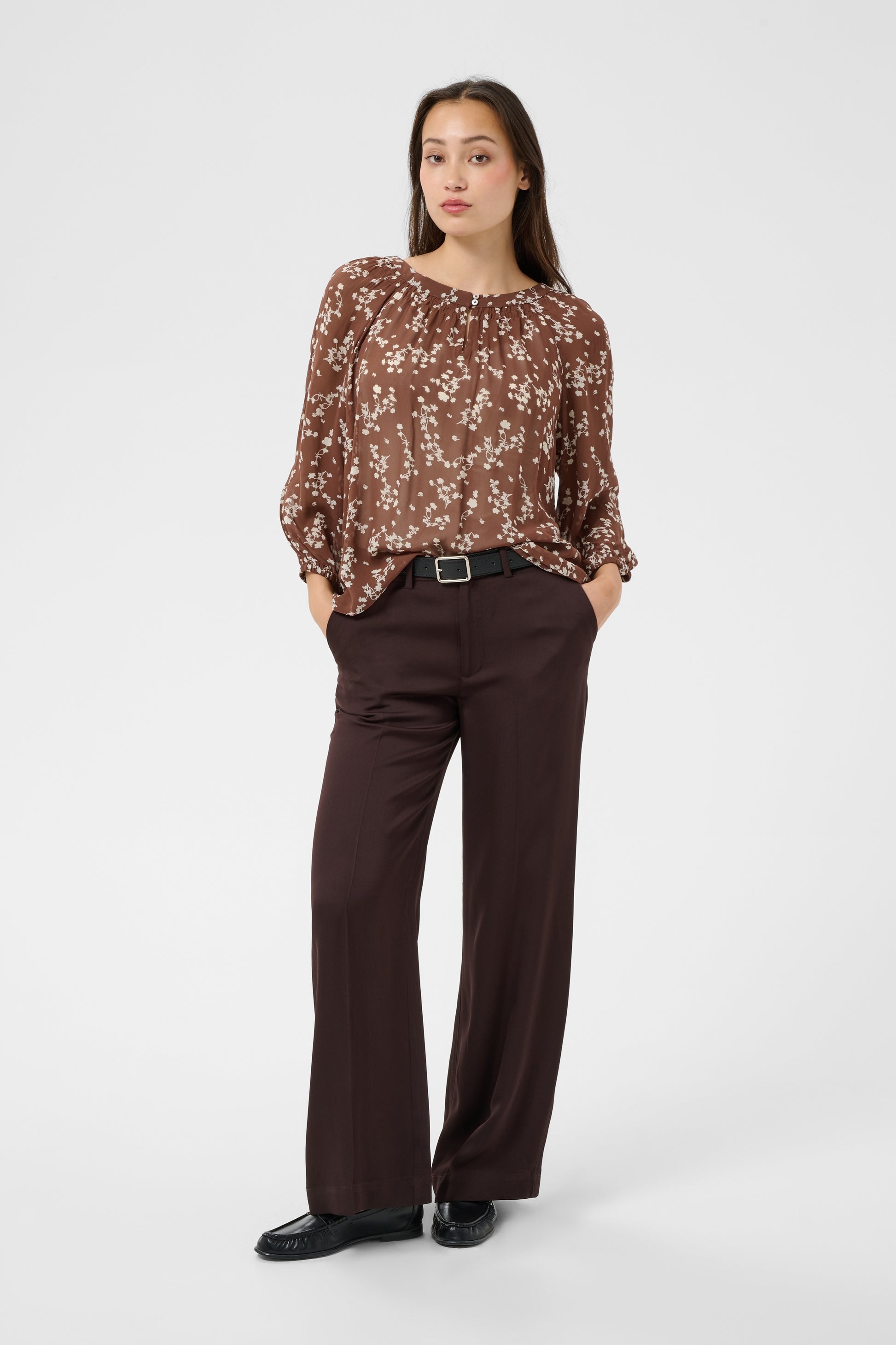 Part Two Catin Brown blouse with floral pattern on a white background