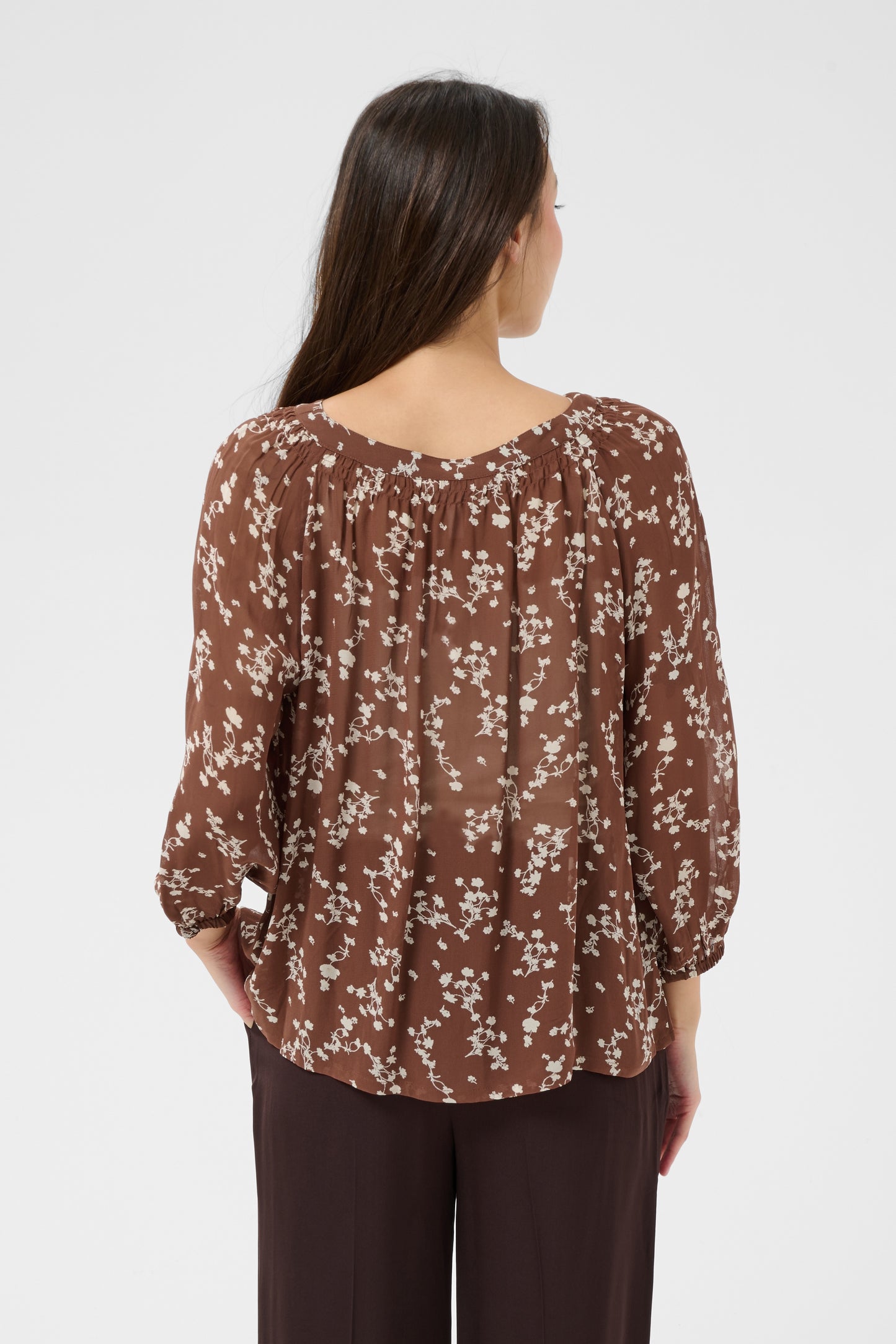 Part Two Catin Brown blouse with floral pattern on a white background