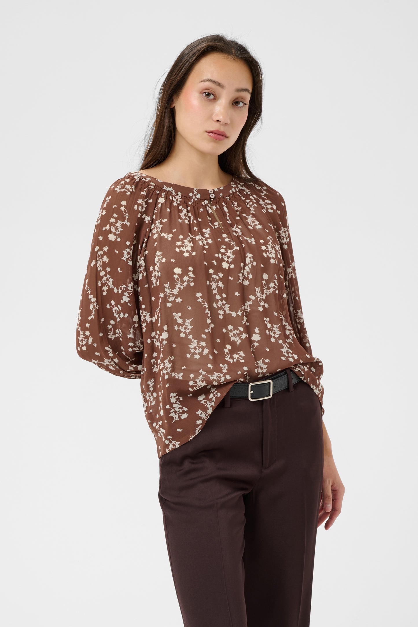Part Two Catin Brown blouse with floral pattern on a white background