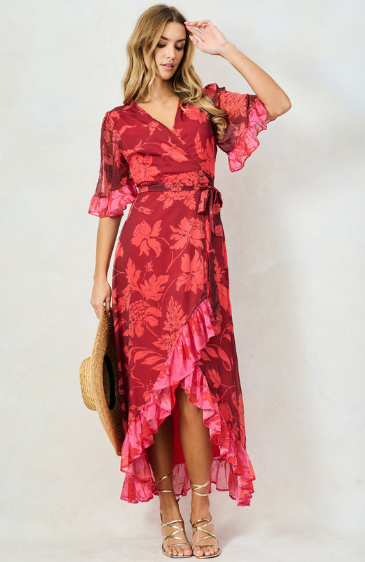 Hope and Ivy  Celestine Red ruffled wrap dress with tie waist