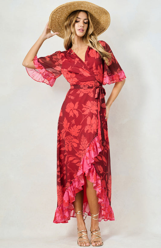 Hope and Ivy  Celestine Red ruffled wrap dress with tie waist