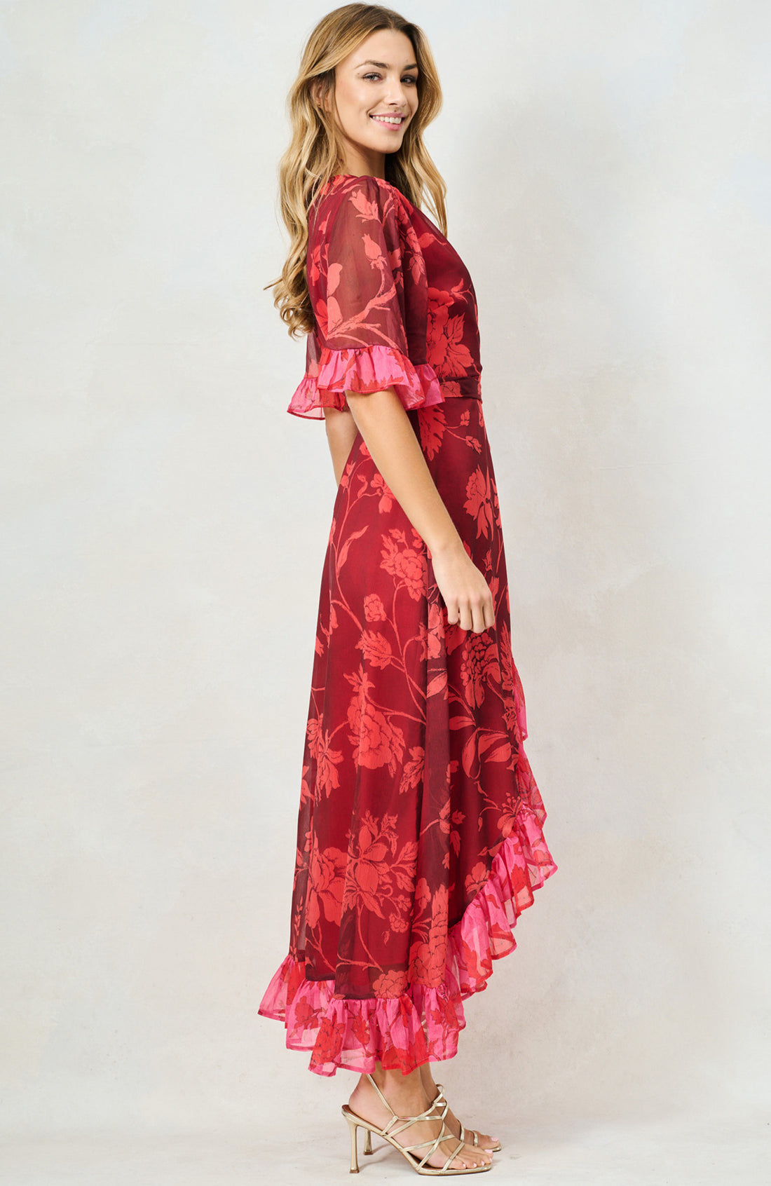 Hope and Ivy  Celestine Red ruffled wrap dress with tie waist