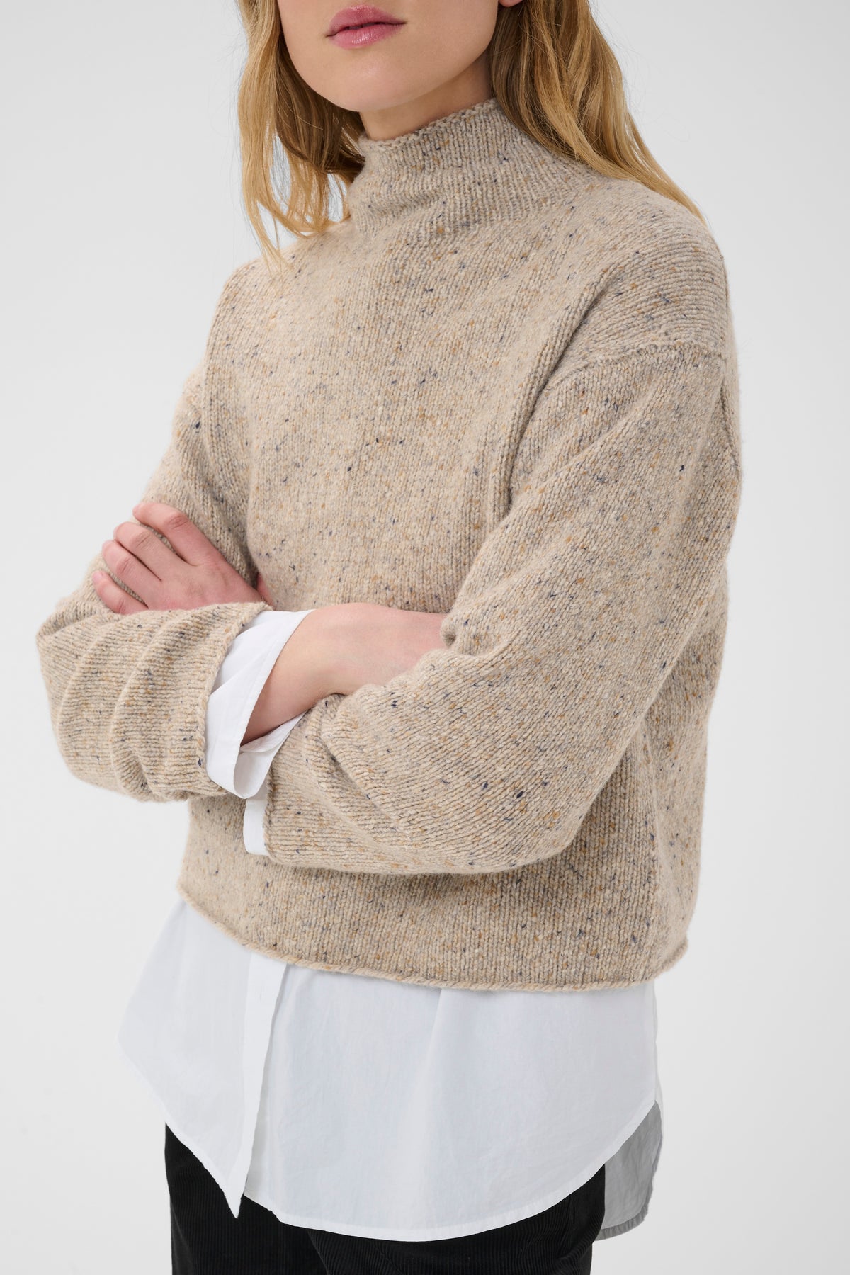 Part Two Chanelly Pullover in Neutral Neps with soft fleck knit and relaxed mock neckline