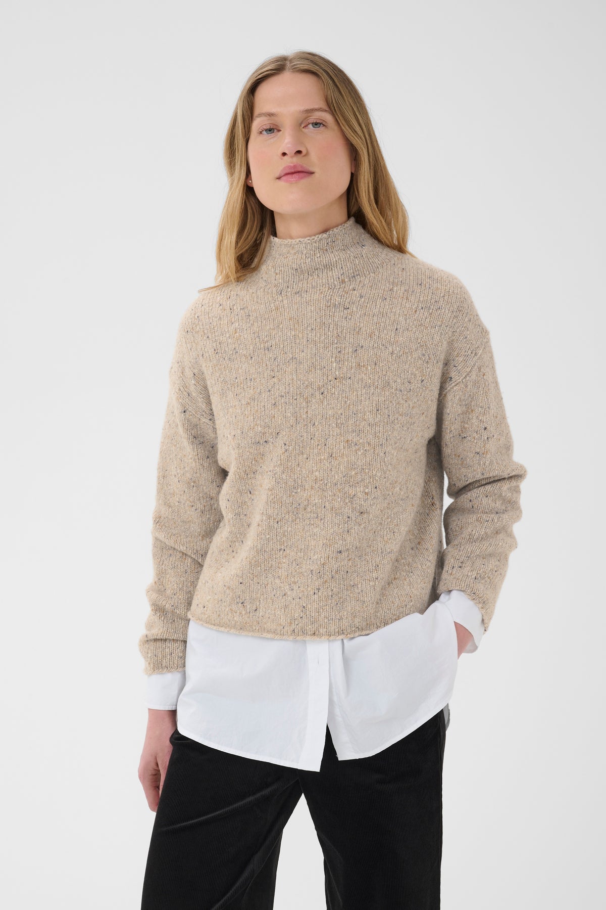 Part Two Chanelly Pullover in Neutral Neps with soft fleck knit and relaxed mock neckline