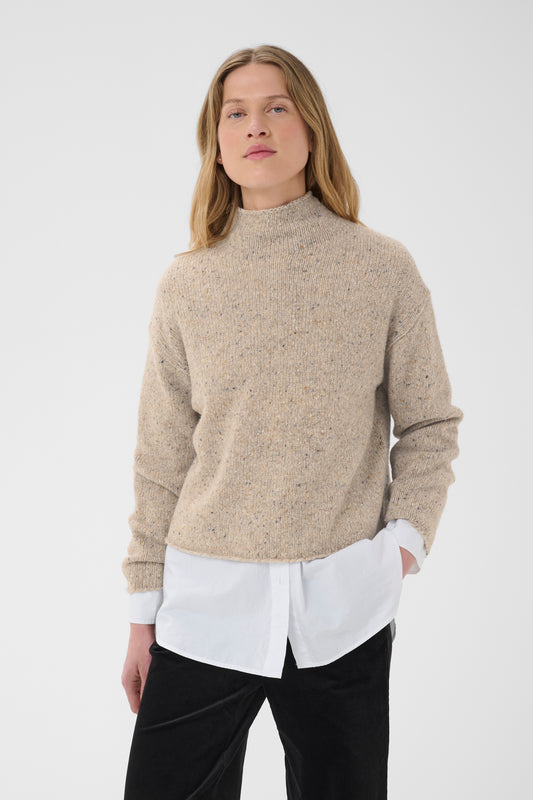 Part Two Chanelly Pullover in Neutral Neps with soft fleck knit and relaxed mock neckline