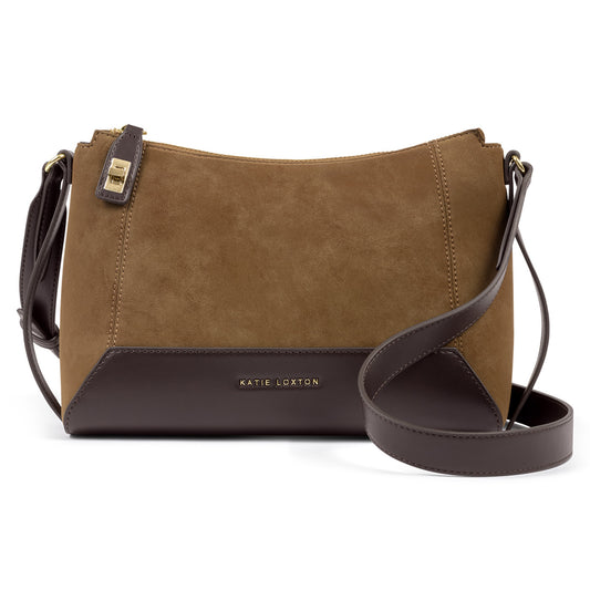 Katie Loxton Charlbury Crossbody Bag available in Caramel Suedette and Bitter Chocolate.