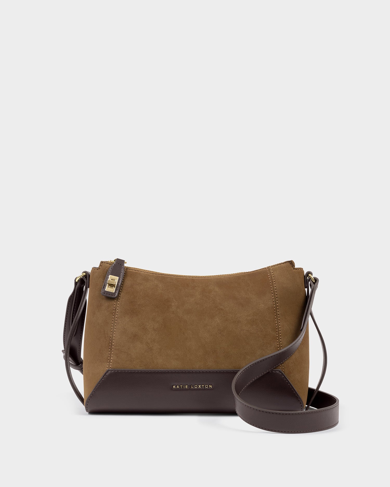 Katie Loxton Charlbury Crossbody Bag available in Caramel Suedette and Bitter Chocolate.