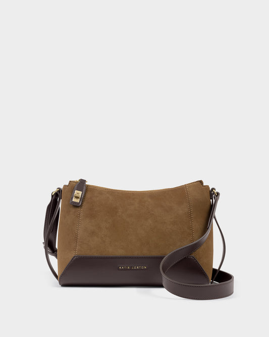Katie Loxton Charlbury Crossbody Bag available in Caramel Suedette and Bitter Chocolate.