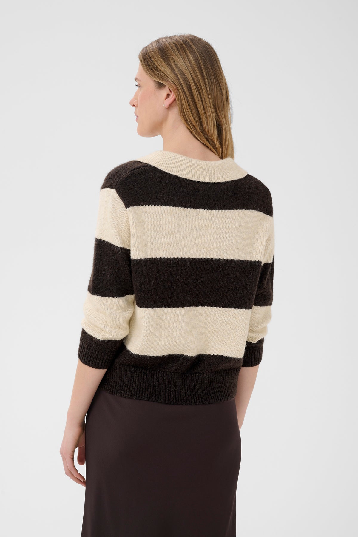 Part Two Charlott Pullover in Whitecap Grey and Mole with striped knit, relaxed collar and V-neckline