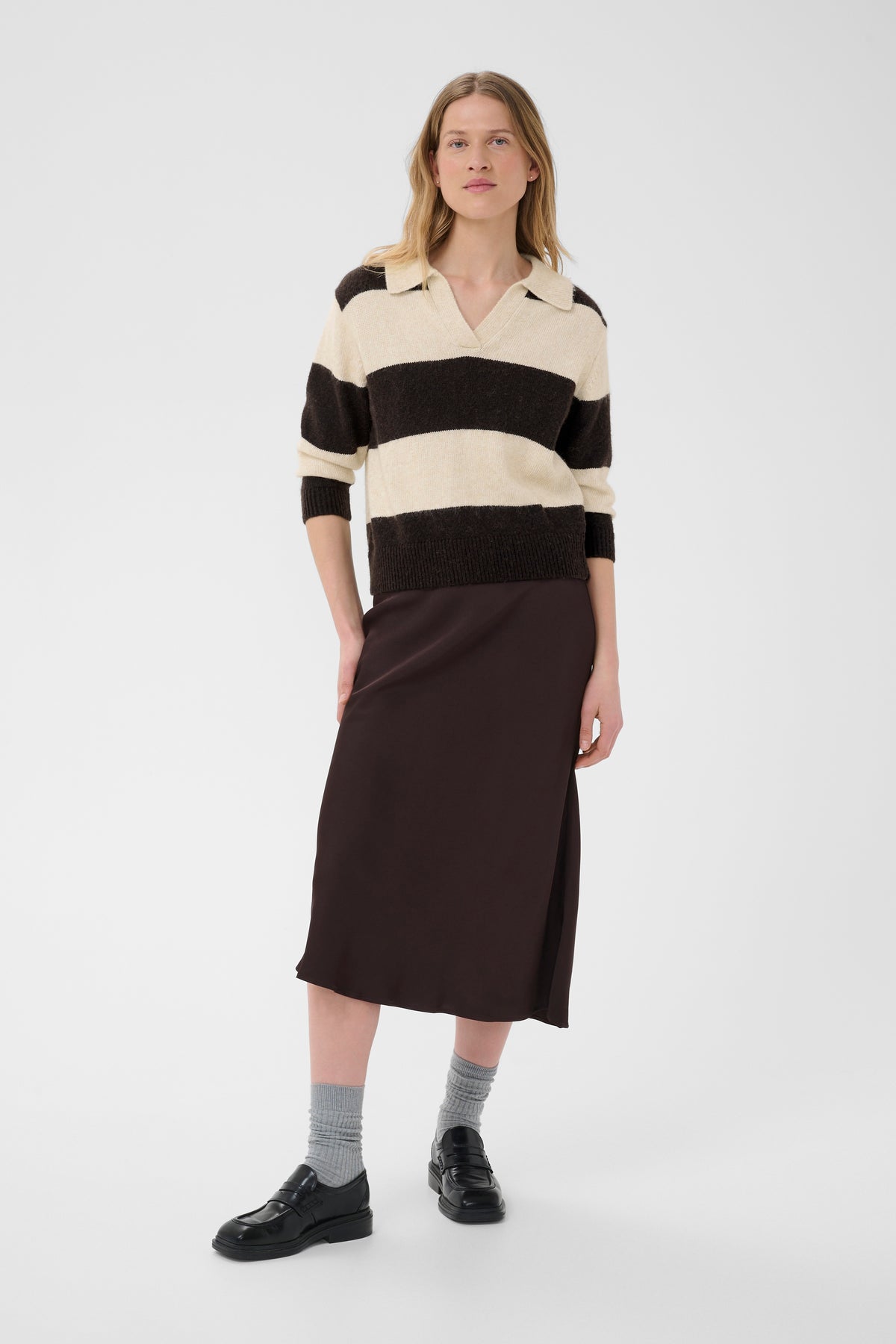 Part Two Charlott Pullover in Whitecap Grey and Mole with striped knit, relaxed collar and V-neckline