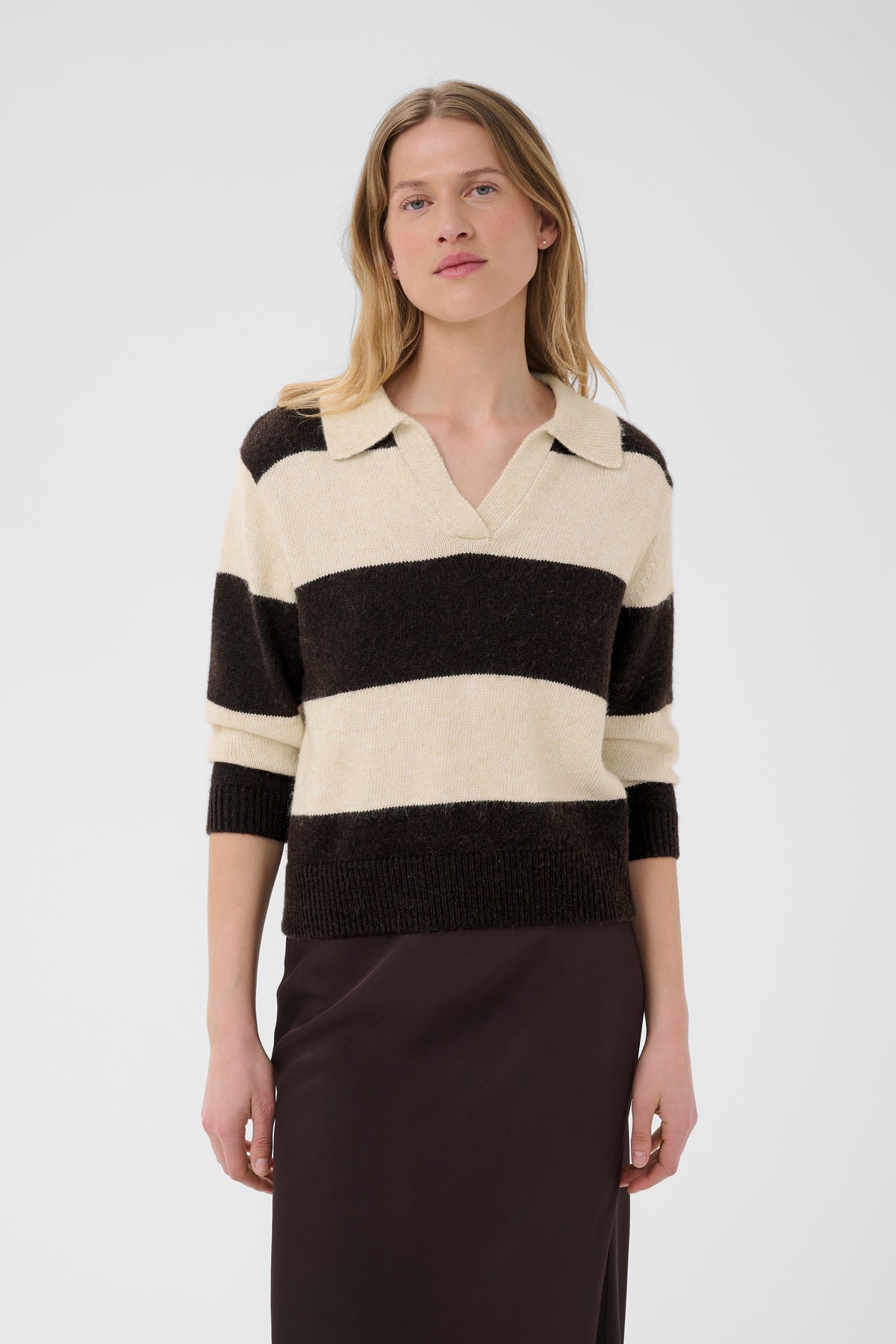 Part Two Charlott Pullover in Whitecap Grey and Mole with striped knit, relaxed collar and V-neckline