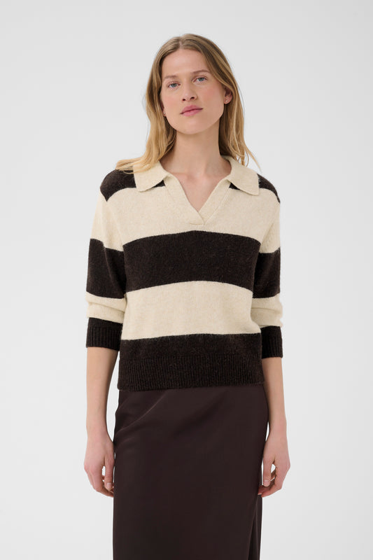 Part Two Charlott Pullover in Whitecap Grey and Mole with striped knit, relaxed collar and V-neckline