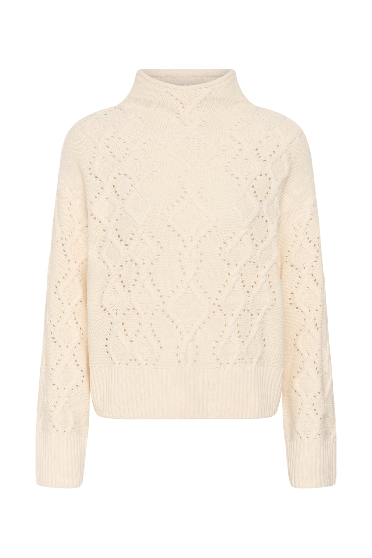 Part Two Charnel Pullover in Whitecap Grey with pointelle diamond knit and soft funnel neckline