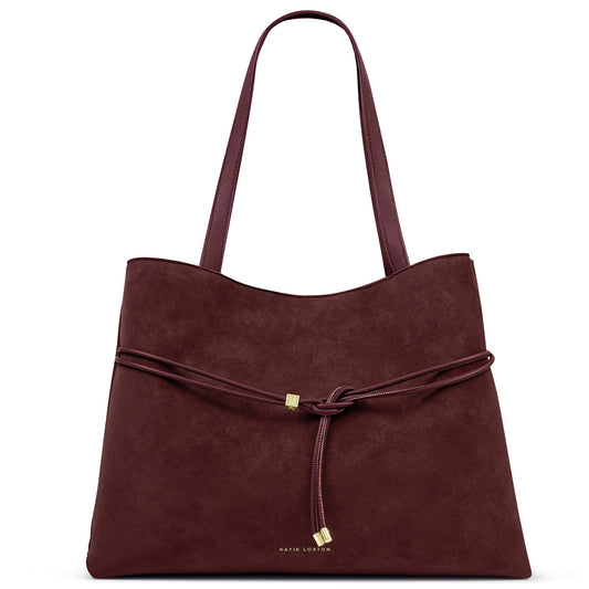 Katie Loxton Lori Tote Bag available in Bitter Chocolate Suedette and Cherry Suedette with a spacious everyday design.